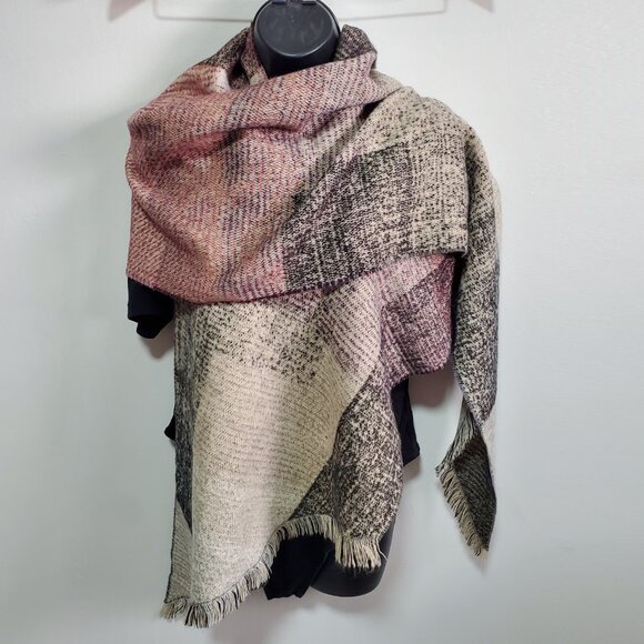 V. FRAAS Knit Asymmetrical Wrap Scarf Shawl Plaid Fringe Pink Grey 98" x 17" - Picture 1 of 7